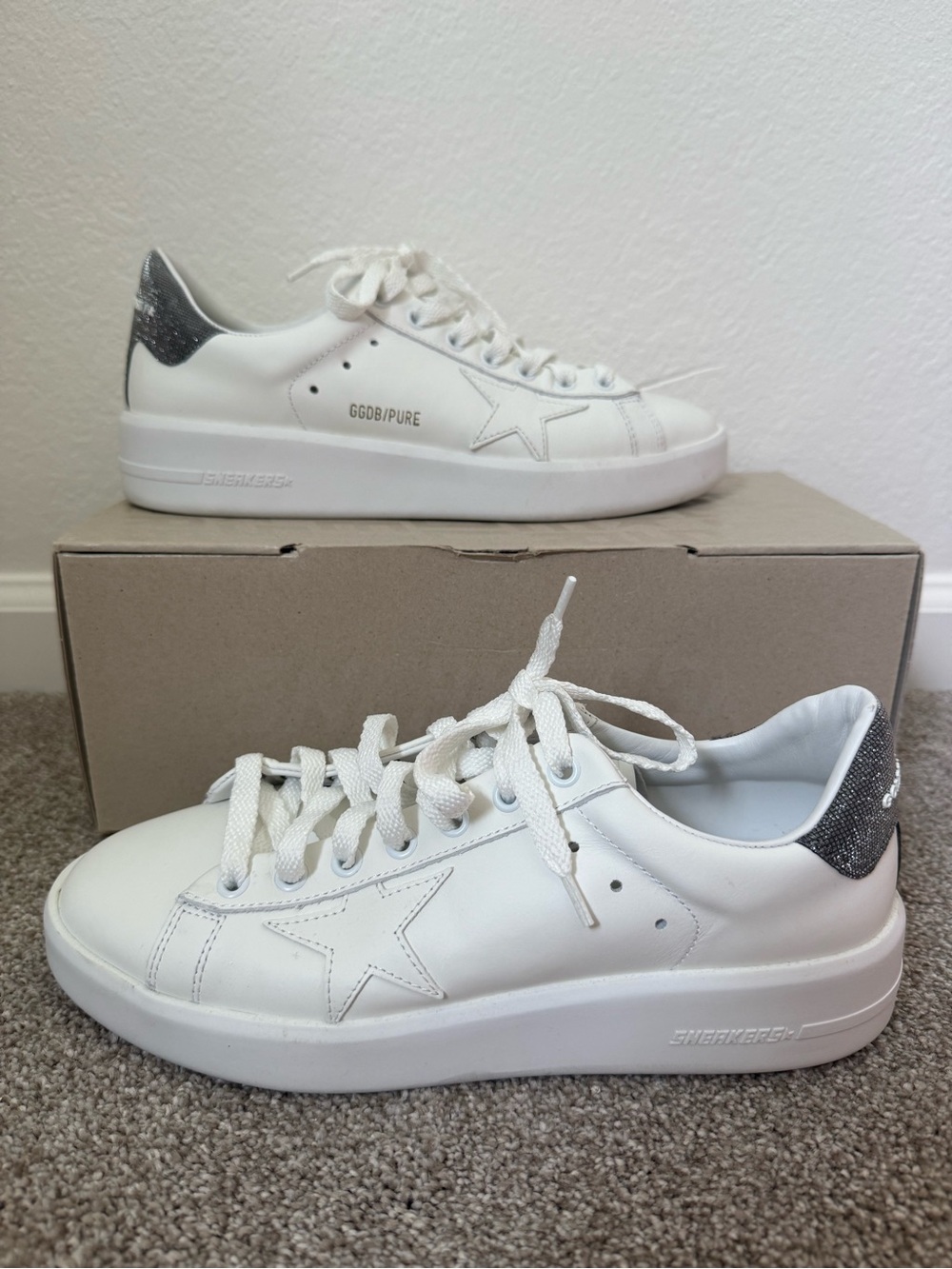 Golden Goose White Leather Platform Sneakers with Silver Glitter Heel